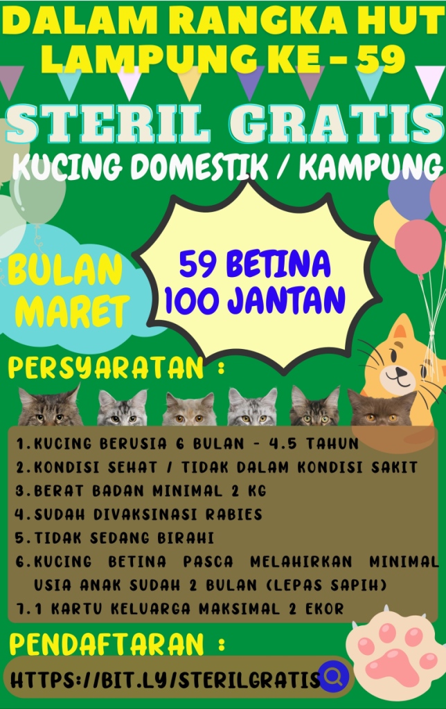 Program Steril Gratis Kucing Domestik dalam rangka menyambut HUT Provinsi Lampung yang ke-59